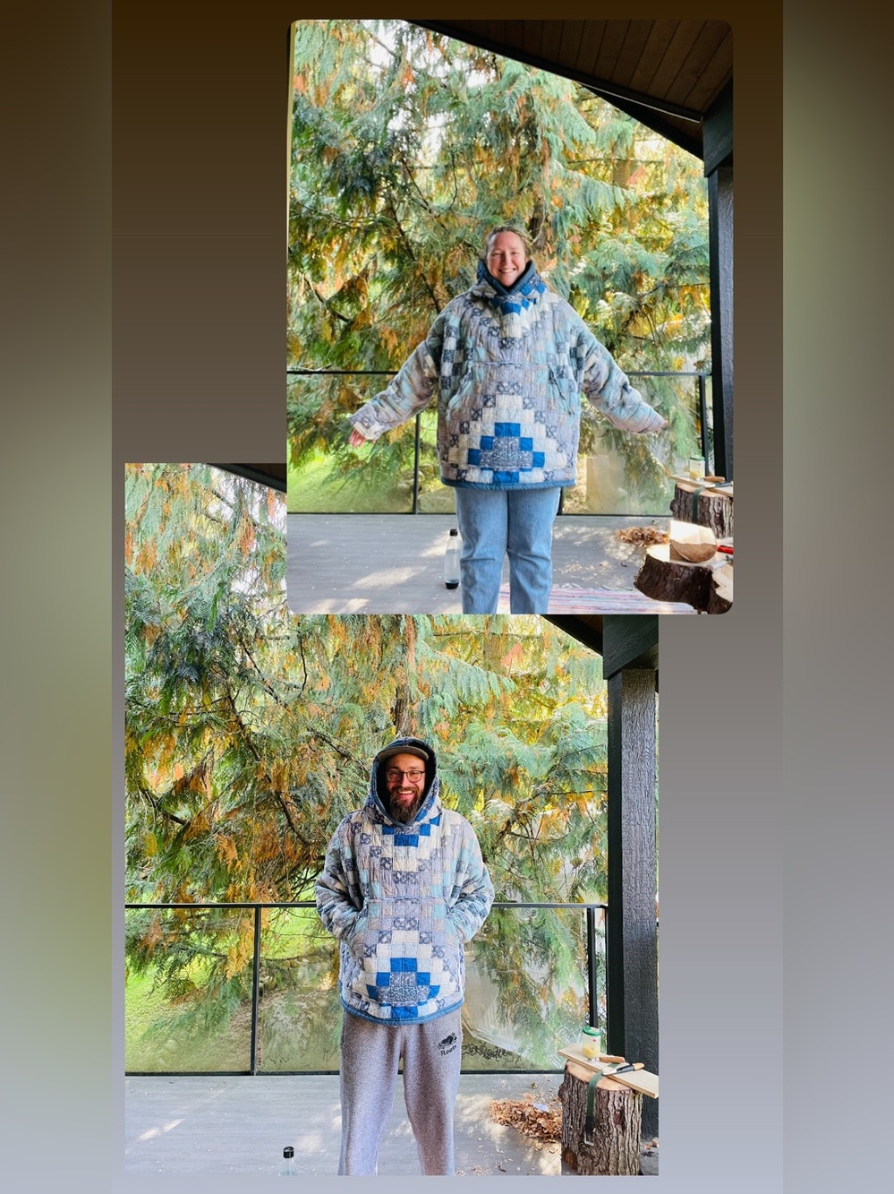 Handmade blue square patchwork quilted cozy hoodie OS